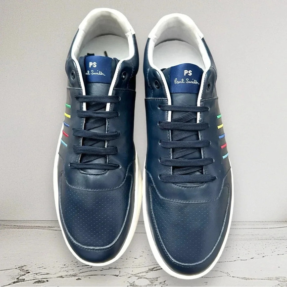 NEW PAUL SMITH Leather Saturn Trainers Sneakers Dark Navy Rainbow Stripe 8 - Picture 3 of 11